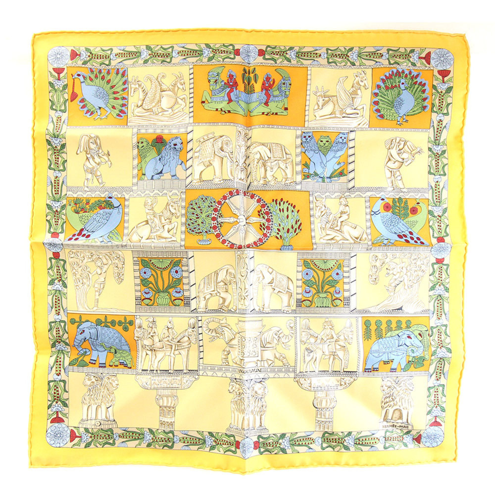 Hermes Scarf Muffler Carre 42 TORANA Tower Gate Yellow 100% Silk Petit Les Mi...